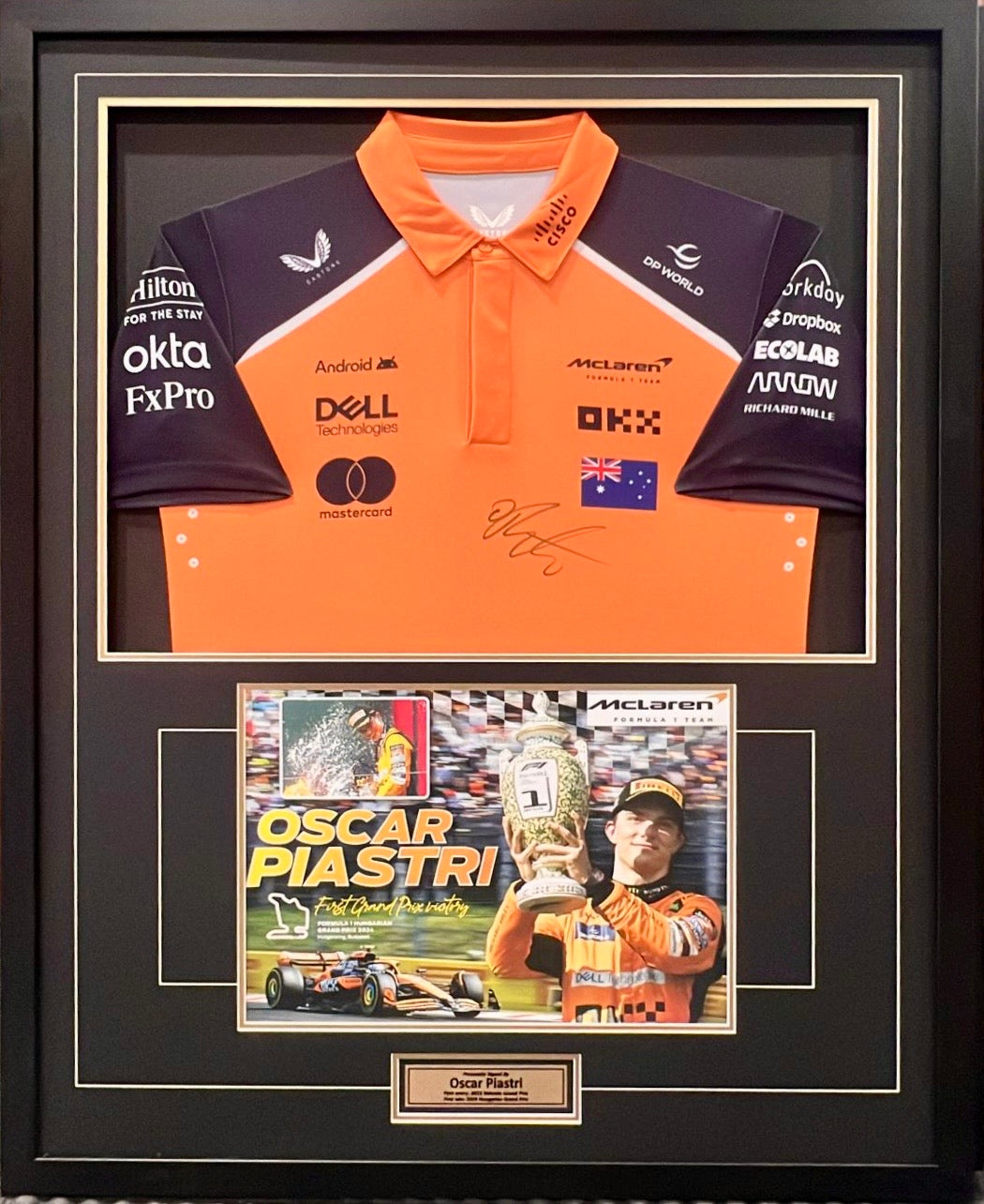 OSCAR PIASTRI Signed F1 McLaren Team Shirt & Print Display