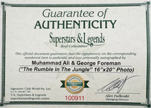 Load image into Gallery viewer, MUHAMMAD ALI &amp; GEORGE FOREMAN Signed &quot;The Rumble in the Jungle&quot; 16”x20” Photo Collage Display
