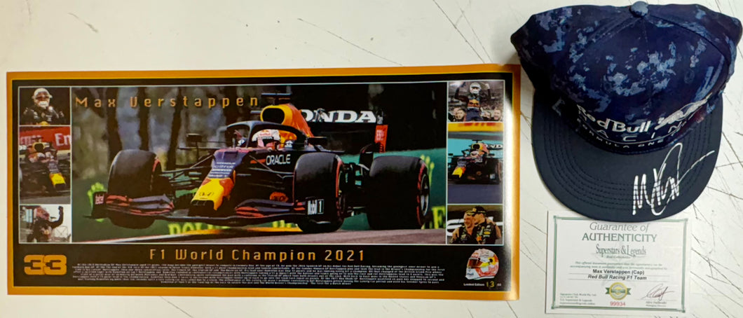 MAX VERSTAPPEN Signed F1 Red Bull Racing Cap & Championship Print