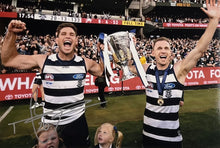 Load image into Gallery viewer, JOEL SELWOOD &amp; TOM HAWKINS Signed 2022 Grand Final Geelong Jumper &amp; Photo Collage Display
