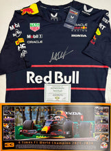 Load image into Gallery viewer, MAX VERSTAPPEN Signed F1 Red Bull Racing Shirt &amp; Championship Print
