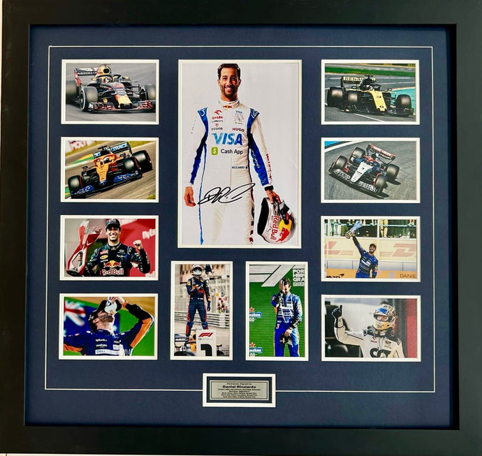 Framed Daniel Ricciardo signed a photo collage for F1 fans.