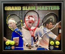 Load image into Gallery viewer, ROGER FEDERER, RAFAEL NADAL &amp; NOVAK DJOKOVIC Signed Tennis Racquets Display
