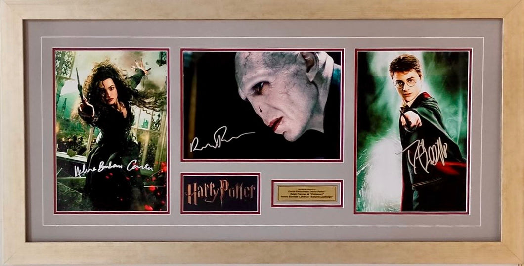 HARRY POTTER - DANIEL RADCLIFFE, RALPH FIENNES & HELENA BONHAM CARTER Signed Photos Collage Display