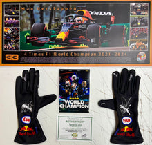 Load image into Gallery viewer, MAX VERSTAPPEN Signed F1 Red Bull Racing Gloves (Pair) &amp; Championship Print
