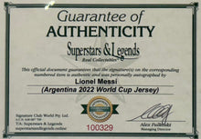 Load image into Gallery viewer, LIONEL MESSI “2022 World Cup Champions” Signed Argentina Jersey &amp; Photo Collage Display
