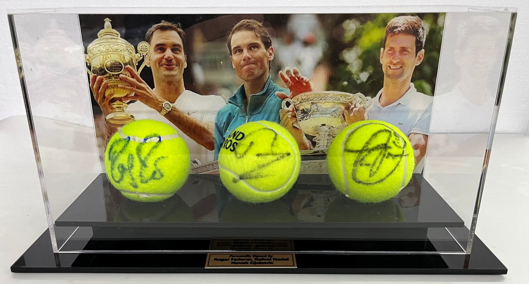 ROGER FEDERER, RAFAEL NADAL & NOVAK DJOKOVIC Signed Tennis Balls in Display Box