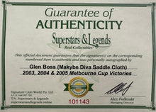 Load image into Gallery viewer, MAKYBE DIVA - Glen Boss Signed Saddle Cloth &amp; 3-Peat Melbourne Cup Print Display
