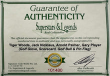 Load image into Gallery viewer, TIGER WOODS, JACK NICKLAUS, ARNOLD PLAYER &amp; GARY PLAYER Signed Glove/Scorecard/Ball/Flag Collage Display
