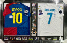 Load image into Gallery viewer, LIONEL MESSI &amp; CRISTIANO RONALDO Signed Barcelona &amp; Real Madrid Jerseys &amp; Photo Collage Display
