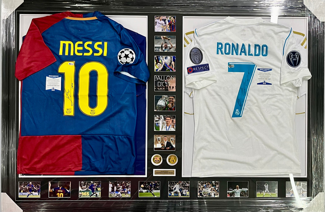 LIONEL MESSI & CRISTIANO RONALDO Signed Barcelona & Real Madrid Jerseys & Photo Collage Display