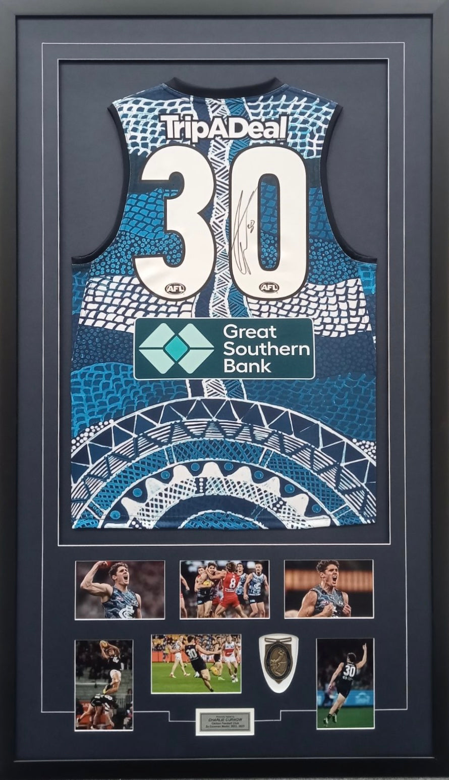 CHARLIE CURNOW “2022&23 Coleman Medallist” Signed Indigenous Carlton Jumper Display