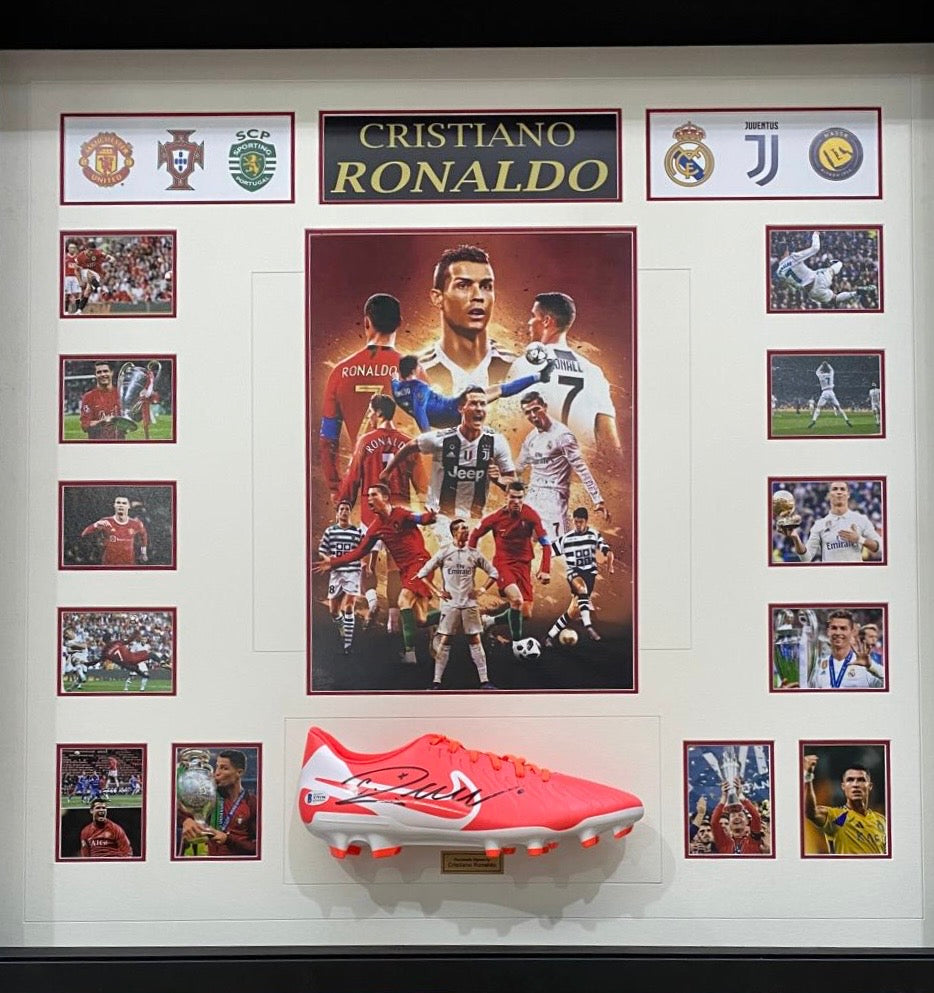 CRISTIANO RONALDO Signed Boot & Photo Collage Display