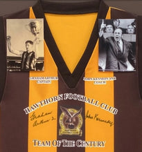 Load image into Gallery viewer, GRAHAM ARTHUR &amp; JOHN KENNEDY Signed “Team of the Century” Hawthorn Jumper Display
