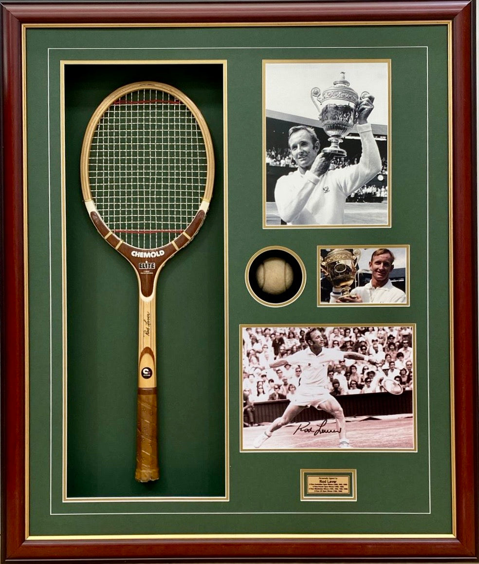 ROD LAVER Signed Photo & Tennis Racquet Collage Display