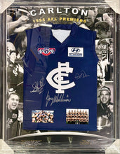 Load image into Gallery viewer, STEPHEN KERNAHAN, GREG WILLIAMS &amp; DAVID PARKIN Signed 1995 AFL Premiers Jumper Display2
