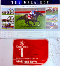 Load image into Gallery viewer, MAKYBE DIVA - Glen Boss Signed Saddle Cloth &amp; 3-Peat Melbourne Cup Print Display
