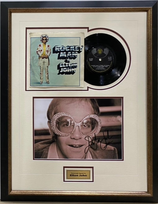 ELTON JOHN Signed Photo & “Rocket Man” Record Display