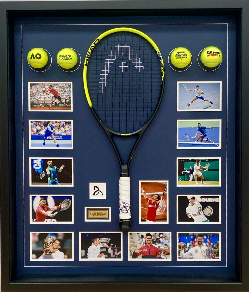 NOVAK DJOKOVIC Signed Tennis Racquet & Photos/Balls Collage Display