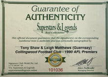Load image into Gallery viewer, TONY SHAW &amp; LEIGH MATTHEWS “1990 Premiers” Signed Collingwood Jumper Display

