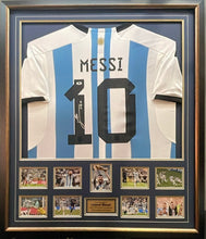 Load image into Gallery viewer, LIONEL MESSI “2022 World Cup Champions” Signed Argentina Jersey &amp; Photo Collage Display1
