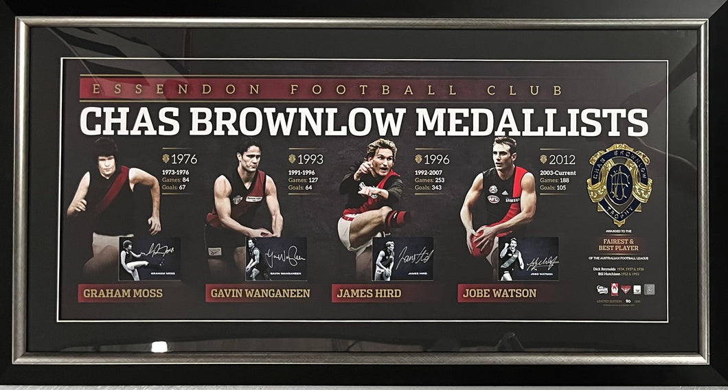 Essendon Brownlow Medallists - GRAHAM MOSS, GAVIN WANGANEEN, JAMES HIRD & JOBE WATSON Signed Limited Edition Brownlow Medal Lithograph Display