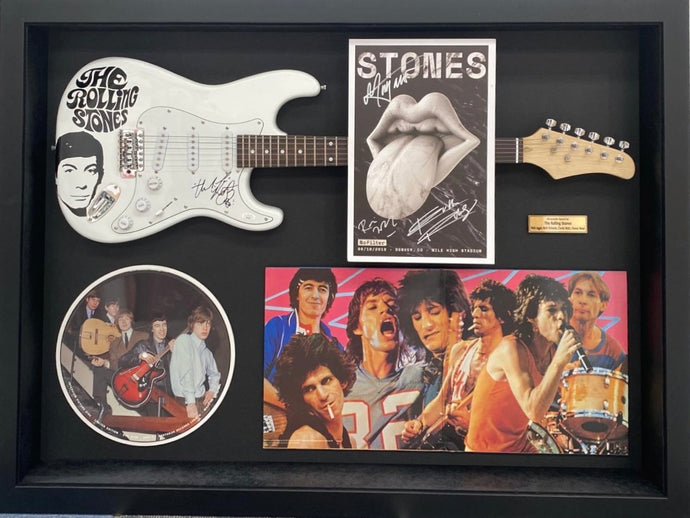 Rolling Stones signed guitar and tour poster display