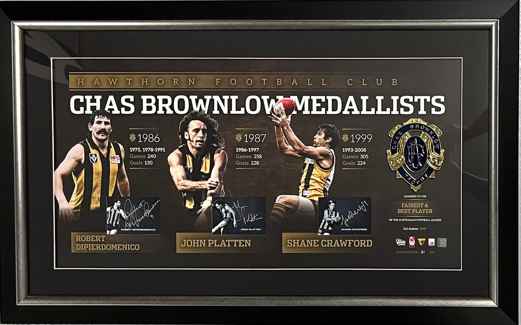 Hawthorn Brownlow Medallists - SHANE CRAWFORD, JOHN PLATTEN & ROBERT DIPIERDOMENICO Signed Limited Edition Brownlow Medal Lithograph Display