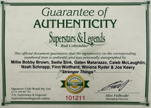 Load image into Gallery viewer, STRANGER THINGS - Millie Bobby Brown, Gaten Matarazzo, Finn Wolfhard, Noah Schnapp, Caleb McLaughlin, Joe Keery, Sadie Sink &amp; Winona Ryder Signed Photos &amp; Cards Collage Display
