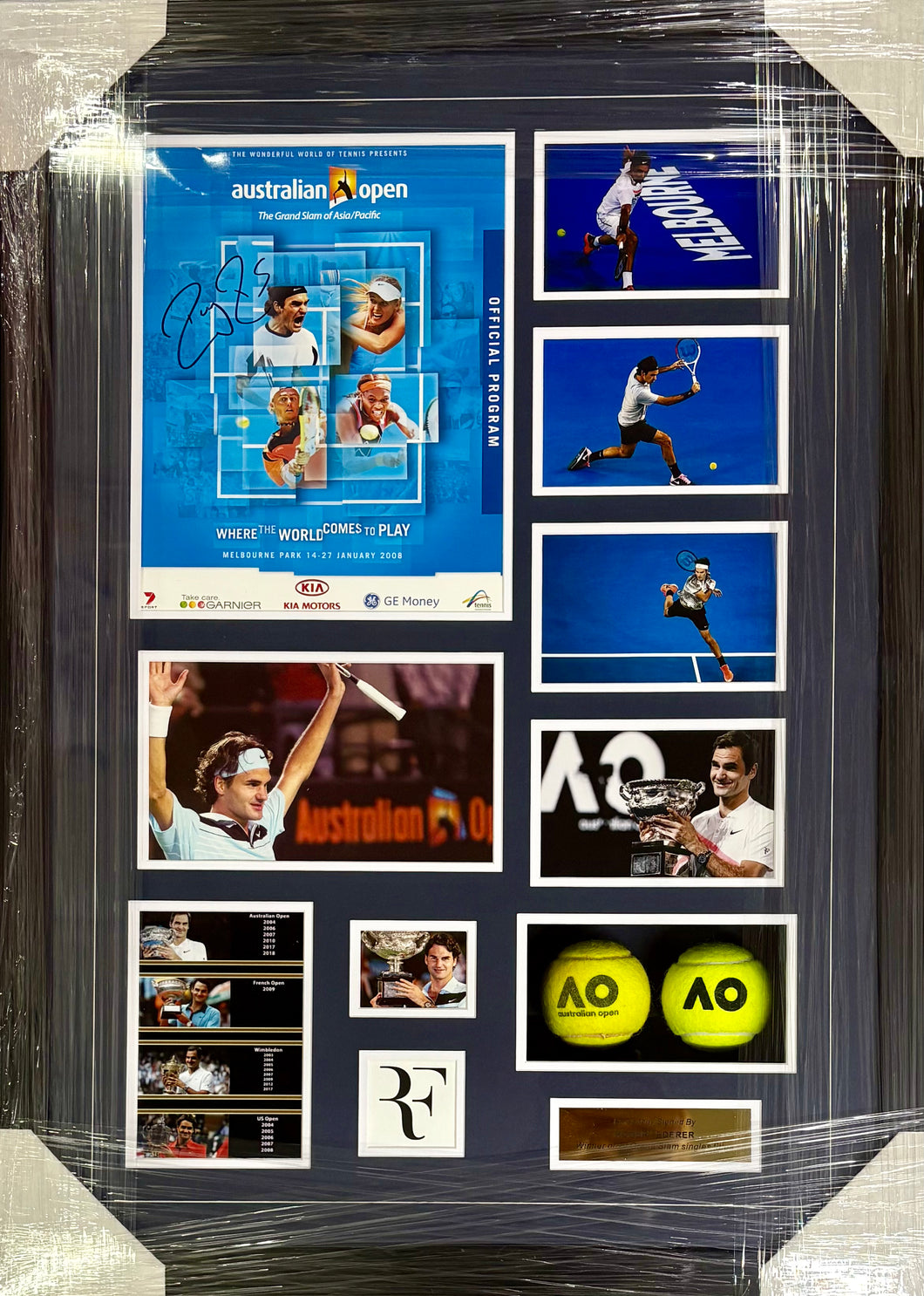 ROGER FEDERER Signed 2008 Australian Open Program & Photo/Ball Collage Display