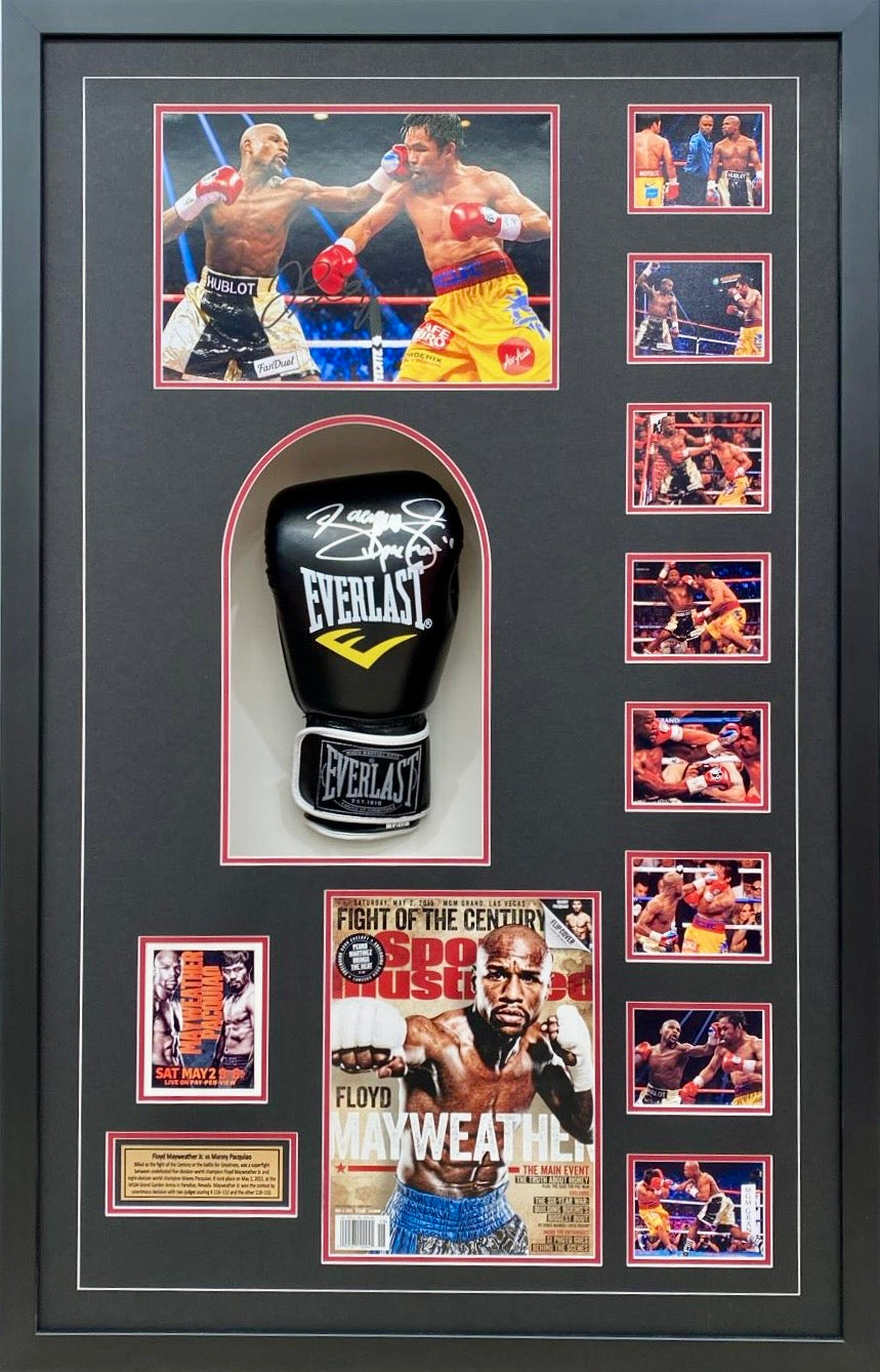 FLOYD MAYWEATHER JR. & MANNY PACQUIAO Signed Boxing Glove & Photo Display