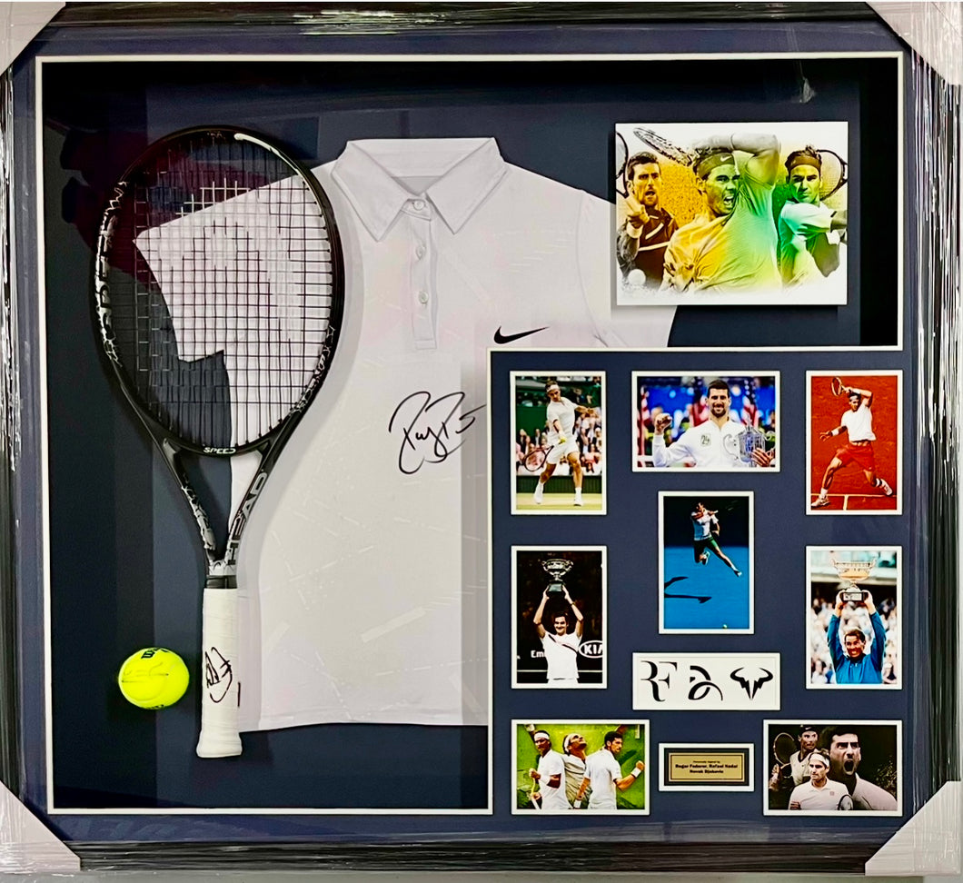 Federer Djokovic Nadal signed caps and tennis balls