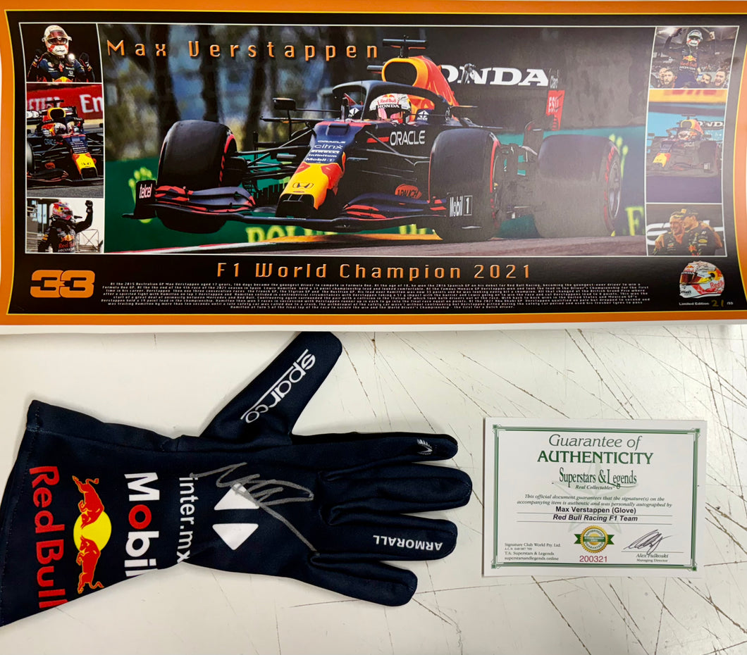 MAX VERSTAPPEN Signed F1 Red Bull Racing Glove & Championship Print