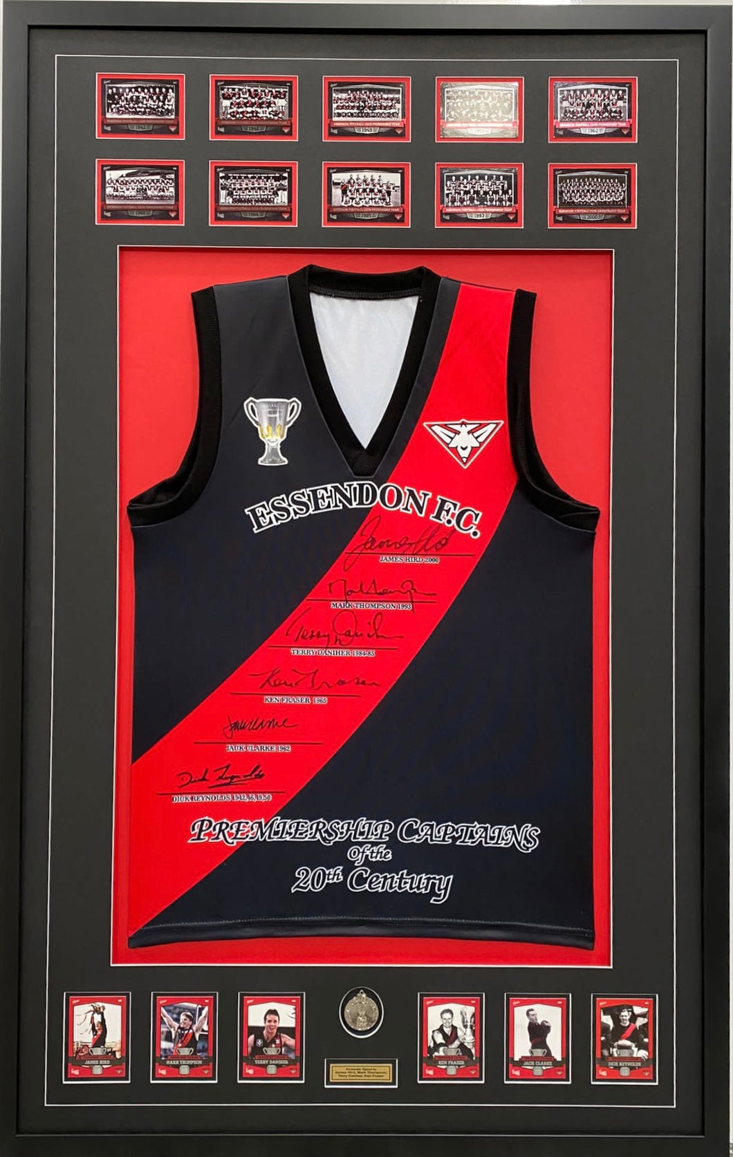 JAMES HIRD, MARK THOMPSON, TERRY DANIHER & KEN FRASER Signed “Premiership Captains” Jumper & Cards Display