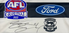 Load image into Gallery viewer, JOEL SELWOOD &amp; TOM HAWKINS Signed 2022 Grand Final Geelong Jumper &amp; Photo Collage Display
