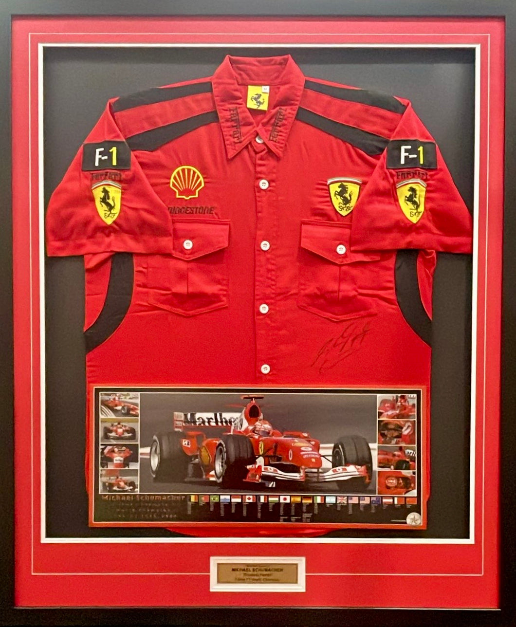 MICHAEL SCHUMACHER Signed F1 Scuderia Ferrari Shirt & Print Display