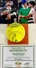 Load image into Gallery viewer, CARLOS ALCARAZ Signed &amp; Authentic Used Tennis Ball from 2025 Roland Garros on Official Base
