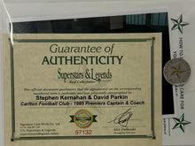 Load image into Gallery viewer, STEPHEN KERNAHAN &amp; DAVID PARKIN Signed 1995 AFL Premiers Jumper Display
