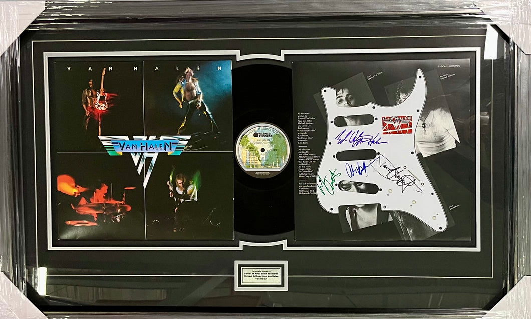 VAN HALEN - David Lee Roth, Eddie Van Halen, Alex Van Halen & Michael Anthony Signed Guitar Pickguard & Vinyl LP Display