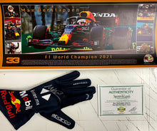 Load image into Gallery viewer, MAX VERSTAPPEN Signed F1 Red Bull Racing Glove &amp; Championship Print
