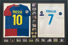 Load image into Gallery viewer, LIONEL MESSI &amp; CRISTIANO RONALDO Signed Barcelona &amp; Real Madrid Jerseys &amp; Photo Collage Display
