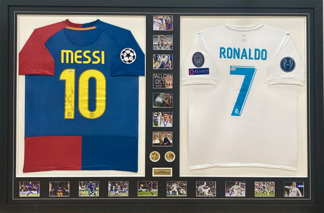 LIONEL MESSI & CRISTIANO RONALDO Signed Barcelona & Real Madrid Jerseys & Photo Collage Display