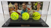 Load image into Gallery viewer, ROGER FEDERER, RAFAEL NADAL &amp; NOVAK DJOKOVIC Signed Tennis Balls in Display Box
