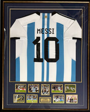 Load image into Gallery viewer, LIONEL MESSI “2022 World Cup Champions” Signed Argentina Jersey &amp; Photo Collage Display
