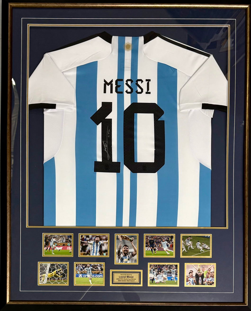 LIONEL MESSI “2022 World Cup Champions” Signed Argentina Jersey & Photo Collage Display