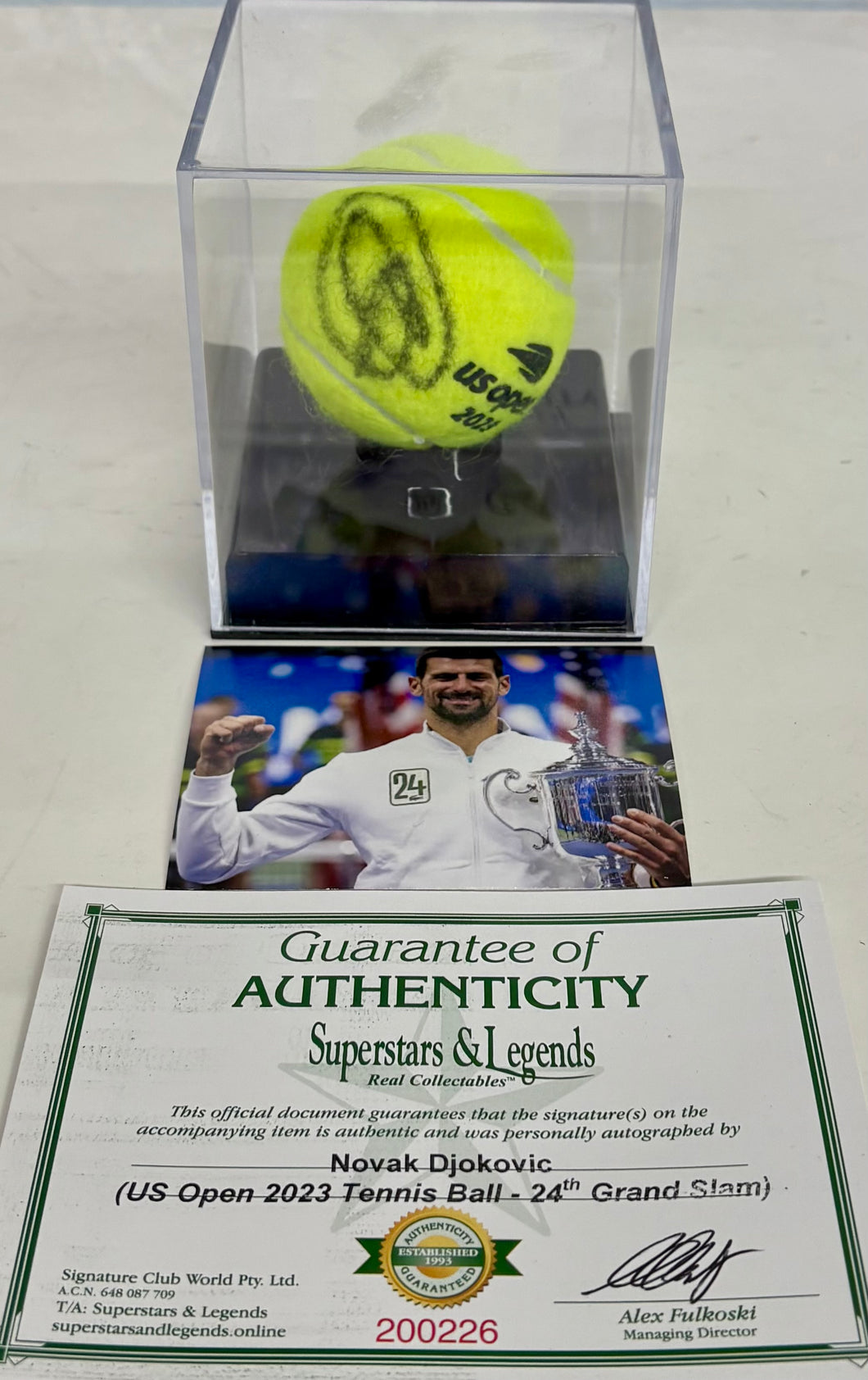 NOVAK DJOKOVIC Signed 2023 US Open Tennis Ball Display