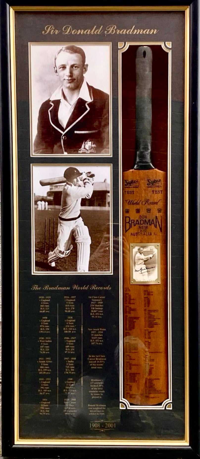 DON BRADMAN Signed Cricket Bat Display