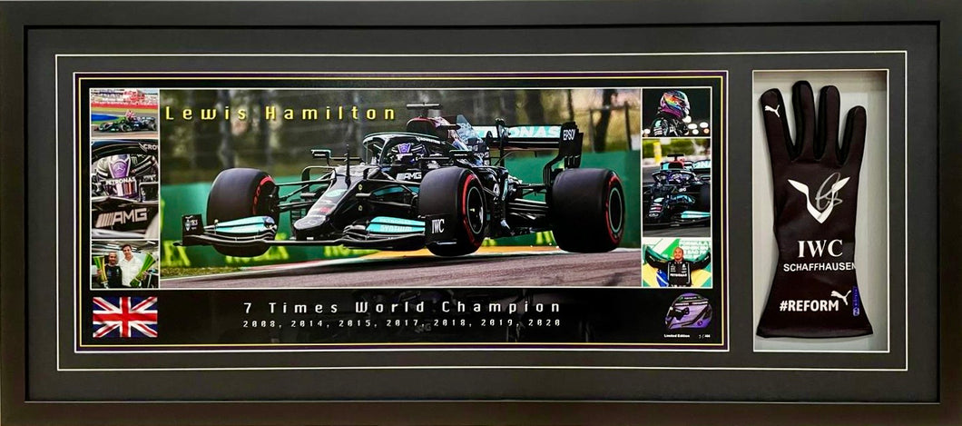 Lewis Hamilton signed racing glove & champion panoramic print.