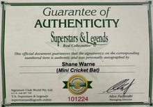 Load image into Gallery viewer, SHANE WARNE Signed Mini Cricket Bat &amp; Print Display
