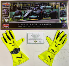 Load image into Gallery viewer, LEWIS HAMILTON “Mercedes F1 Team” Signed Race Gloves (Pair) &amp; Championship Print

